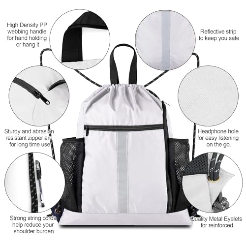 Image of BeeGreen White Drawstring Backpack Bag Sports Gym Backpack with Shoe Compartment and Two Water Bottle Holder for Men Women Large String Athletic Sackpack Workbag White