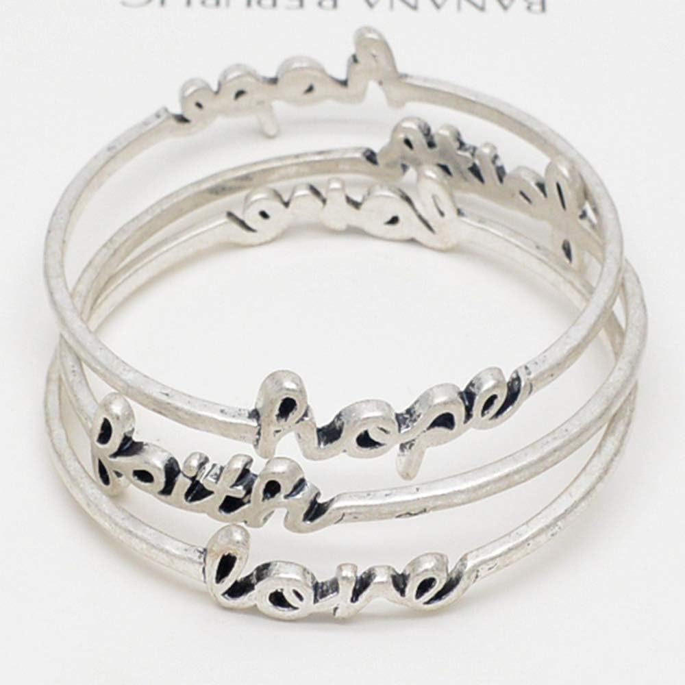 Jewelry Antique Silver Plated FAITH HOPE LOVE Bracelet Adult Triple Twist Bangle for Women