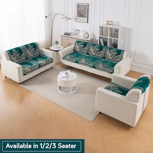 Image of HOKIPO Mehfil Teal Premium Chenille Jacquard Sofa Cover for 2 Seater for Seat & Back, 'Royal Aangan Series' (IN-1007-L7*2)