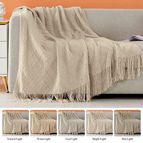 Touchat Knitted Beige Throw Blankets For Couch, Sofa And Bed, Lightweight Soft Knit Blanket With Tassel, Decorative Cozy Farmhouse Throw Blankets For Women And Man (Beige, 50''X60'') #TOP7