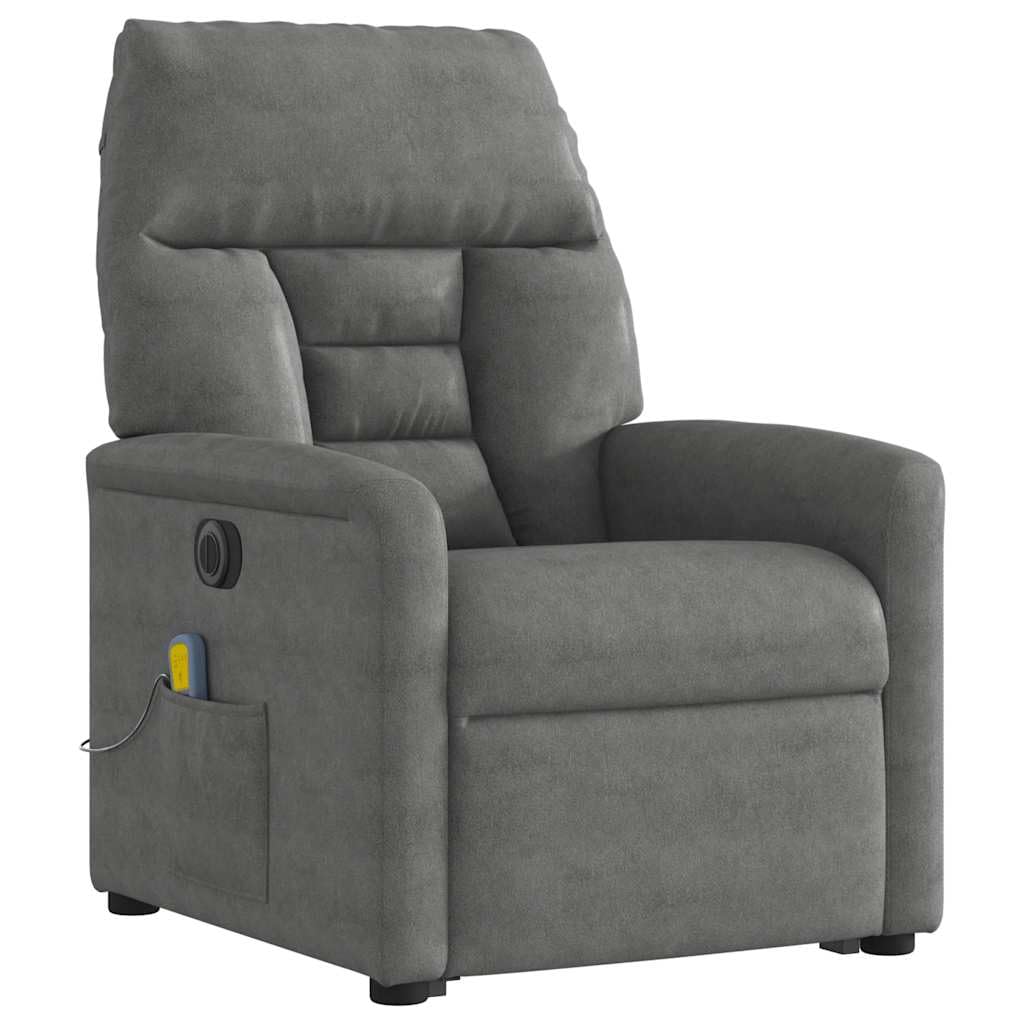 Sillón de masaje eléctrico con ayuda para levantarse, color gris oscuro, funda de tela de microfibra de 6 puntos, masaje vibratorio, sillón de relax con función reclinable y amplios