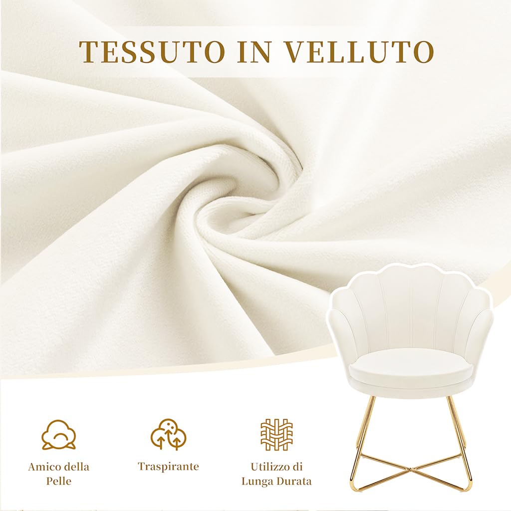 Hellove Sedia Trucco, Poltrona Conchiglia in Velluto con Placcato Oro Metallo Gambe, Moderno Poltrona Salotto con Seduta Morbida Imbottita per Camera da letto/Soggiorno/Vanità, Beige