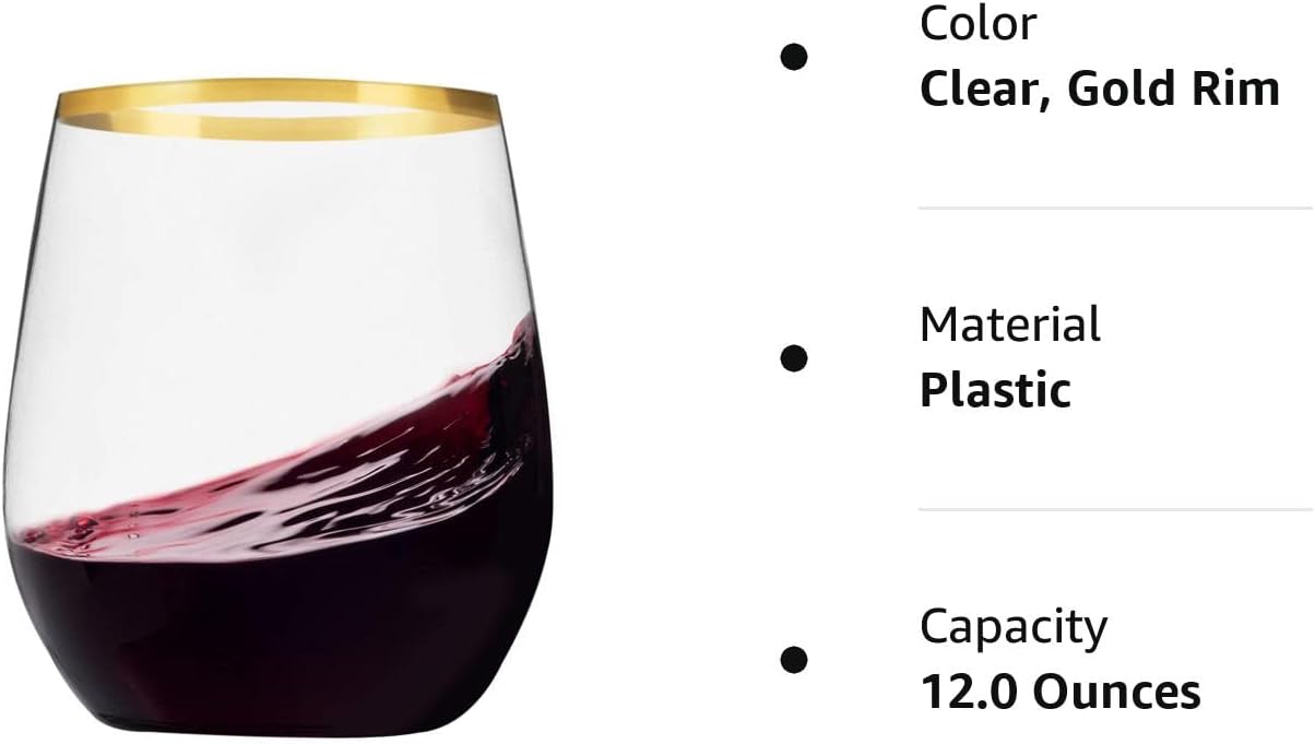 Munfix Stemless Wine Glasses with Gold Rim, Disposable Clear Plastic Cups 12 Oz - 24 Pack - Shatterproof Recyclable and BPA-Free