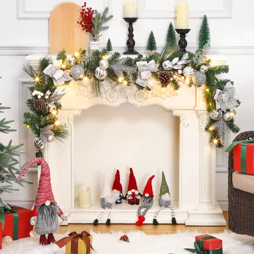 6FT Lighted Christmas Garland for Front Door, Artificial Pre-Lit Christmas Garland Decoration, Battery Operated Xmas Garland with Pinecones, Berries, Bows, Ball Ornaments, Silver