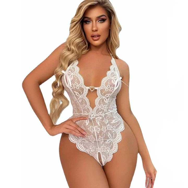 Catálogo para Comprar On-line Lenceria para Dama que Puedes Comprar On-line. 48 LYPERLA Conjunto de Ropa Interior Sexy para Mujer Lenceria Erotica De Encaje con Cuello Sensual Babydoll Sexy para Mujer Camison De Una Pieza Ropa De Dormir (Blanco -85, M)