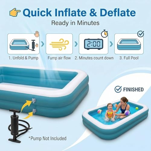 Image of Coku 7 Feet Rectangular Inflatable Swimming Pool for Kids & Adults | 2-Ring Large Family Pool, Thick PVC Foldable Bathtub for Backyard, Garden, Indoor Outdoor Summer Use (Multicolor)