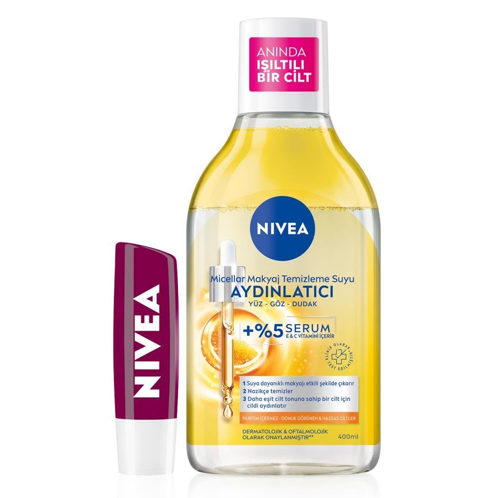 NIVEA Aydınlatıcı Micellar Makyaj Temizleme Suyu 400ml ve Nemlendirici Böğürtlen Dudak Bakım Kremi 4,8gr,Cilt Bakım Seti
