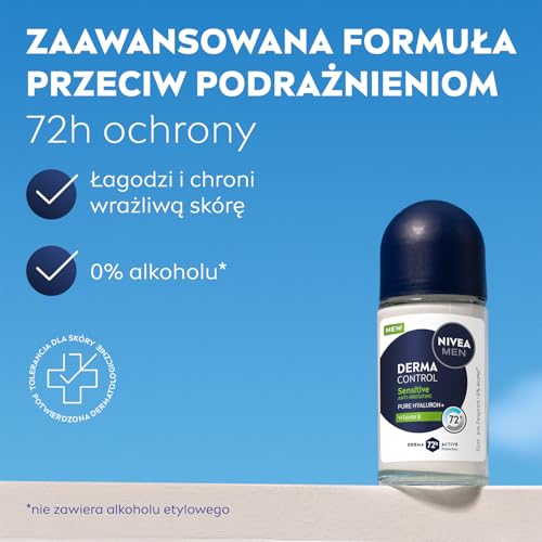 NIVEA MEN Derma Control Sensitive Herren Antitranspirant 72h Kugelschutz mit Vitamin E und Hyaluronsäure 50ml
