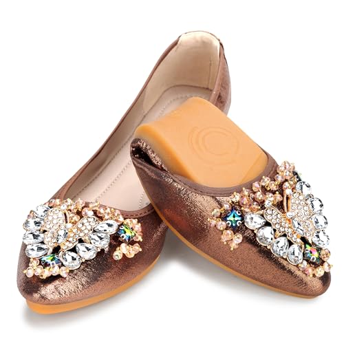 KUNWFNIX Women Ballet Flats Rhinestone Wedding Ballerina Shoes Foldable Sparkly Comfort Slip on Flat Shoes 5.5 #02_brown