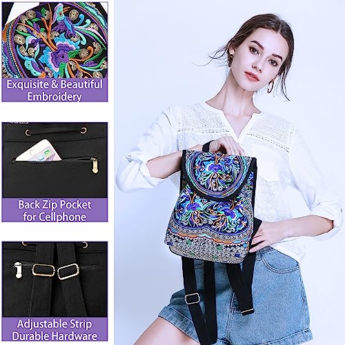 Goodhan Vintage Embroidered Women Backpack Ethnic Travel Handbag Shoulder Bag, 12x10x5 inch, Purple