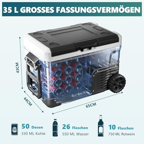 EUHOMY 35L Kompressor Kühlbox, Auto-Kühlschrank mit APP, Tragbarer Gefrierschrank 12V/24V & 220-240V, Kühlschrank -20℃~20℃, Kühlbox mit Rollen & 2 Körben für Reisen, Camping