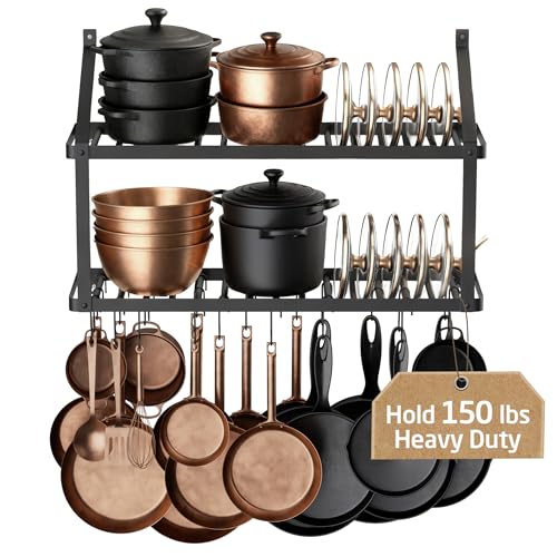 KES 150 lb High-Capacity Pot Rack Wall Mounted with Pot Lid Holder, 34 Inch Heavy-Duty Pots and Pans Hanging Rack with 20 Hooks, Drilling Template Provided for Easy Install, Matte Black, KUR528S88-BK