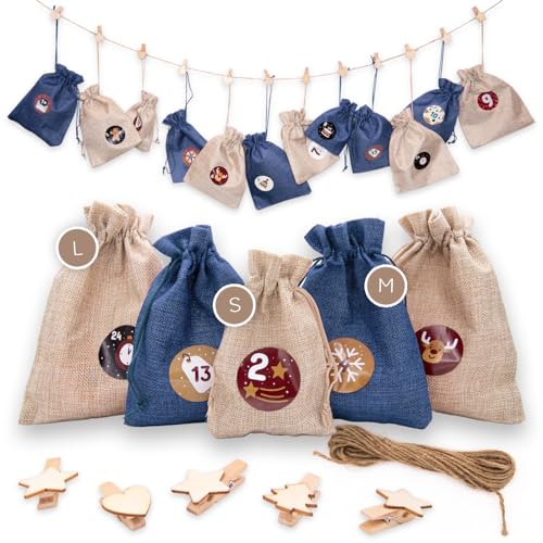 Calendrier de l'Avent à remplir en tissu - Lot de 24 sachets beige et bleu pour Noël DIY