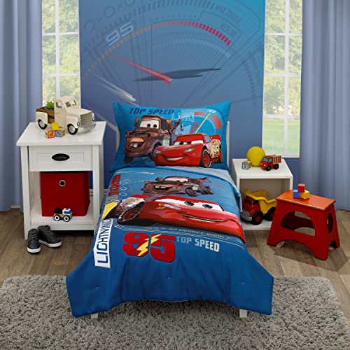 Disney Cars Piston Cup Circuit Blue Red and Yellow Lightning McQueen and Mater 4 Piece Toddler Bed Set - Comforter Fitted Bottom Sheet Flat Top Sheet and Reversible Pillowcase
