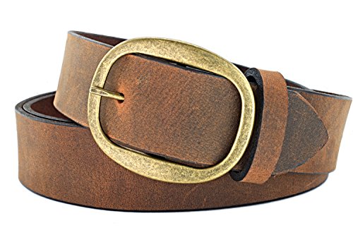 Womens Dark Brown Leather Belt handmade in America with genuine premium grade leather. 1.5 inch wide 38 inch waist with Oval Brass Nickle Plated Buckle