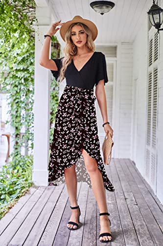 Women Short Sleeve V Neck Patchwork Ruffle Hem Split Maxi Dresses Boho Floral Print Tie Waist High Low Ruffle Cocktail Maxi Dress (Xx-Large, Flower-7) #TOP1