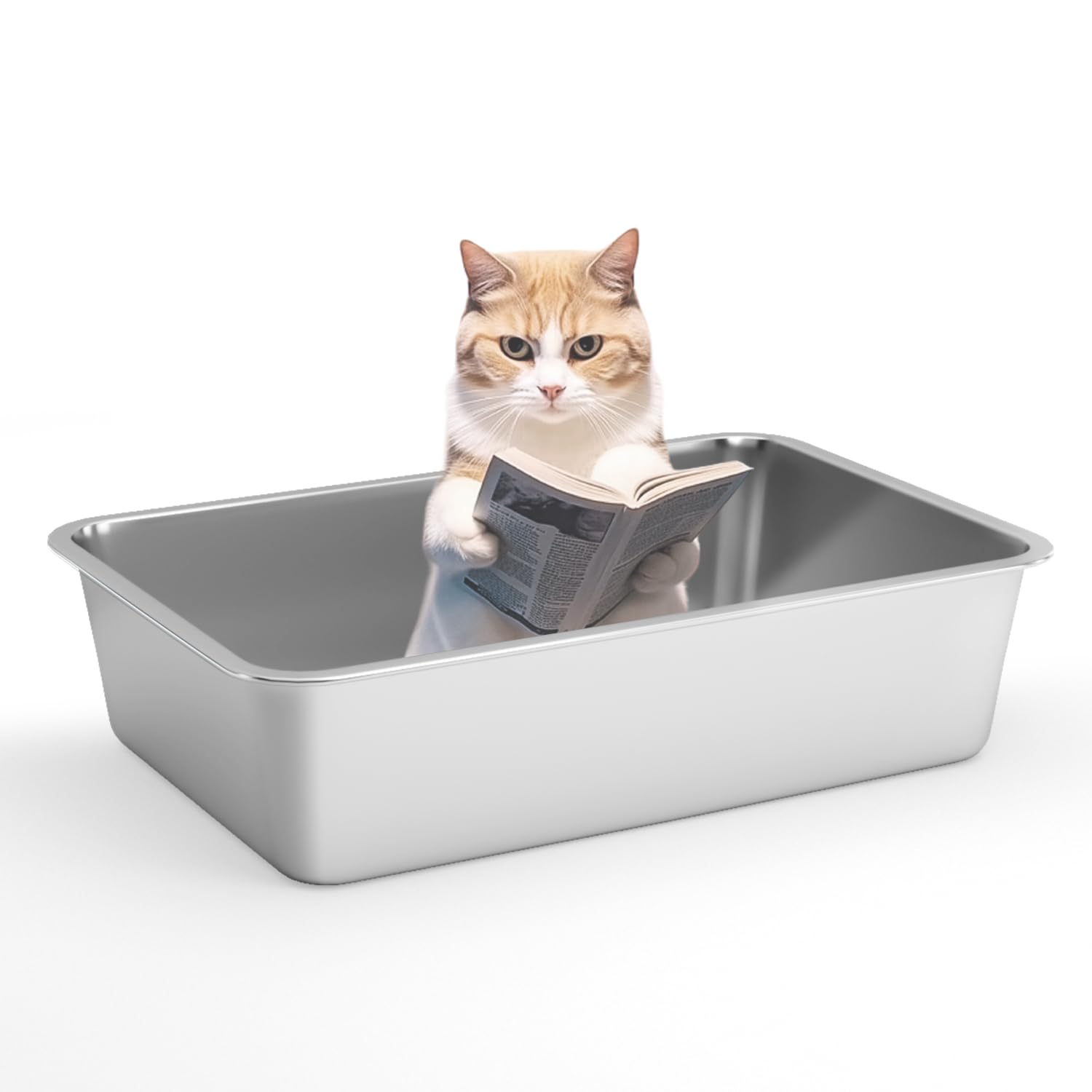 IKITCHEN Extra Large Stainless Steel Cat Litter Box with High Side, Metal Litter Box for Cats Rabbits, Never Absorbs Odors,Stain Free, Rustproof, 23.5" L x 15.5" W x 8" H