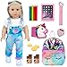 DONTNO 18 Inch American Doll Accessories, Cute School Supplies Set for 18 Inch Doll- Doll Clothes, Denim Suspenders, Doll Bag, Pencil, Ruler, Baby Doll Pretend Gift for Girls