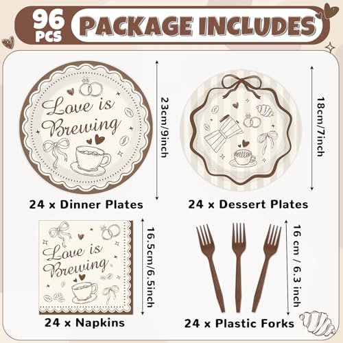 Image of 96Pcs Love Is Brewing Bridal Shower Decorations Brown Coffee Paper Plates and Napkin Love Is Brewing Party Tableware Set Bachelorette Engagement Anniversary for Wedding Serves 24 Guests