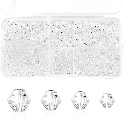 Bicone Crystal Beads for Jewelry Making, Lot 850pcs 3mm 4mm 6mm 8mm Clear White Faceted Bicone Shaped Glass Beads for DIY Craft Bracelets Necklaces Earrings Suncatcher Beading
