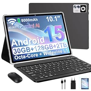 ZIOVO Android 15 Tablet 10 Zoll Gemini AI, 30GB RAM+128GB ROM(TF 1TB), 5G WLAN, Octa-Core 2.0GHz, Widevine L1, 8000mAh, BT 5.0, GPS, Face ID, Tablet mit Tastatur, Maus - Schwarz