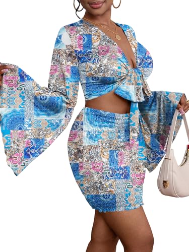 Image of LYANER Women 2 Piece Vacation Outfits Tie Knot Front Bell Long Sleeve Crop Top and Mini Skirt Summer Set