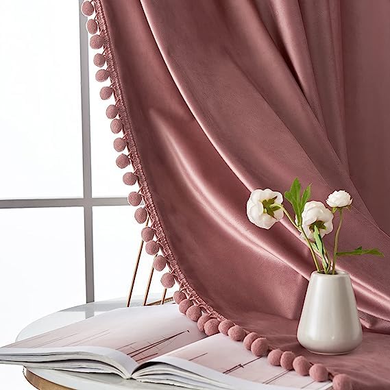 Image of Amazon Brand - Umi Velvet Eyelet Door Curtains with pom pom Lace for Living Room Bedroom Kitchen 2 pc Pack in Blush Color (Door - 4 feet x 8 feet) | Blackout