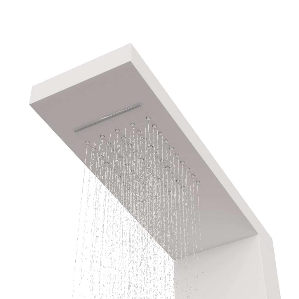 Sistema de panel de ducha de aluminio blanco con lluvia, cascada, chorros de masaje y ducha de mano, 15 x 47 x 114 cm, 150 boquillas de silicona, regulador cromado, manguera flexible