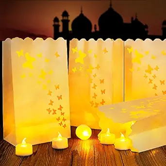 Flameless Tealights & Butterfly Shape Luminary Bag Set, 30 Battery Operated LED Tea Lights & 30 Butterfly Luminary Bags, Fake Candles with Realistic Flame for Wedding, Party, Christmas, 110+ Hours