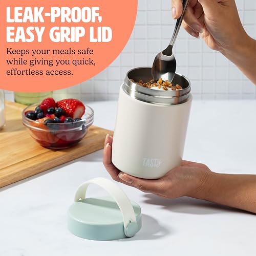 Image of Tasty Food Jar with Folding Handle, Portable Snack Travel or Lunch Container, Stainless Steel Insulated Vacuum with Leak-Proof Lid, Keeps Food Hot or Cold for Hours, 15-Ounce, Cream