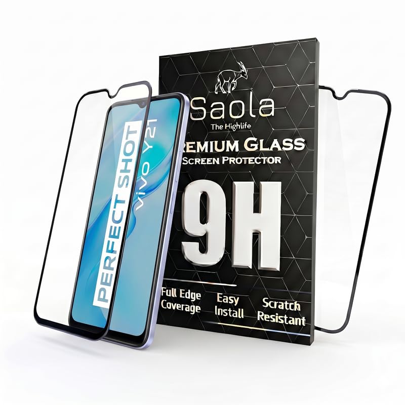 Image of Saola Hd+ Oleophobic Tempered Glass Screen Protector For Vivo Y21 Smartphone (Pack Of 2) With Free Installation Kit. Full Screen Coverage - 6.51 Inch