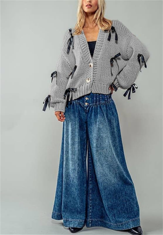 Image of Thopavenoir Women's Y2k Bow Trim Cardigan Sweaters Long Sleeve Button Down Knit Jacket Oversized Pullover Coats Knitwear