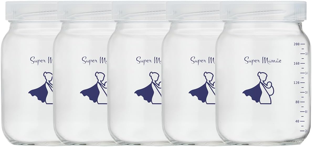 Kit com 5 Potes de Vidro para Armazenar Leite Materno 200ml Com Graduação Super Mamãe