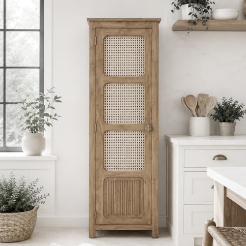 Image of The Attic Crestwood 1 Door Kitchen Cabinet, Multipurpose Cabinet for Bedroom Living Room Study bar, Solid Wood Bookshelf Kitchen Cabinet, Light Teak Matte Finish Cane