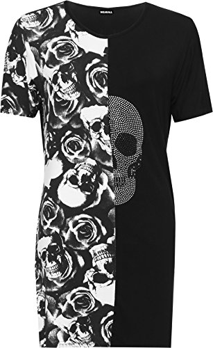 WearAll Women's Plus Split Print T-Shirt Mini Dress Top Ladies Diamante Skull Roses New - Black - 20
