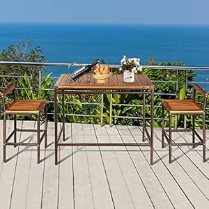 Tangkula 3 PCS Patio Bar Table Set, Outdoor Rattan Bar Set Bistro Set with Acacia Wood Top, Wood Table Set with 2 Bar Chairs for Dining Room, Backyard, Patio and Balcony Tangkula 3 PCS Patio Bar Table Set Outdoor Rattan Bar Set Bistro Set with Acacia Wood Top Wood Table Set with 2 Bar Chairs for Dining Room Backyard Patio and Balcony