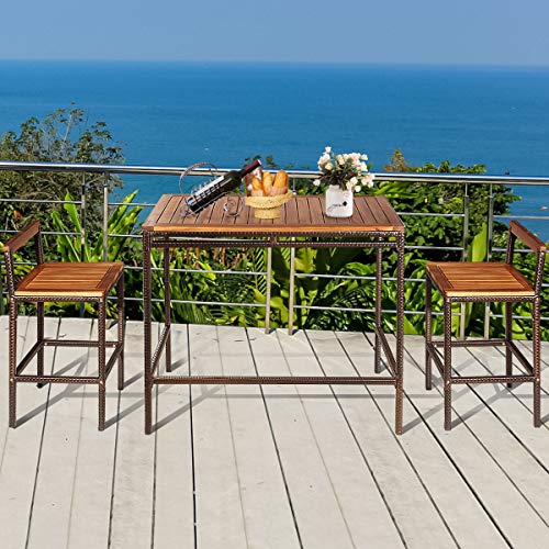 Tangkula-3-PCS-Patio-Bar-Table-Set-Outdoor-Rattan-Bar-Set-Bistro-Set-with-Acacia-Wood-Top-Wood-Table-Set-with-2-Bar-Chairs-for-Dining-Room-Backyard-Patio-and-Balcony Tangkula 3 PCS Patio Bar Table Set Outdoor Rattan Bar Set Bistro Set with Acacia Wood Top Wood Table Set with 2 Bar Chairs for Dining Room Backyard Patio and Balcony