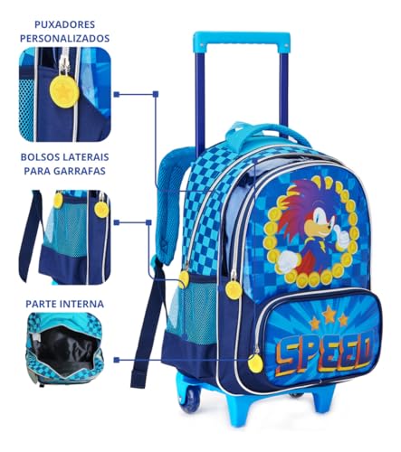 Kit Mochila Escolar Infantil Speed Sonic Com Rodinhas com Lancheira Térmica e Estojo Duplo