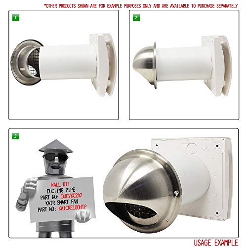 Kair Bull-Nose External Vent 100mm - 4 inch Rear Spigot Stainless Steel Grille with Wire Mesh and Drip Deflector - Image 4