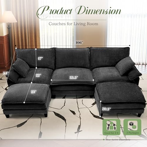 Image of Cloud Couch, 106 inch Modular Sectional Sofa with Movable Ottoman, U Shaped Modern Sofa with Pillows, Deep Seat Couches for Living Room, Bedroom and Apartment, Comfy Couch, Black
