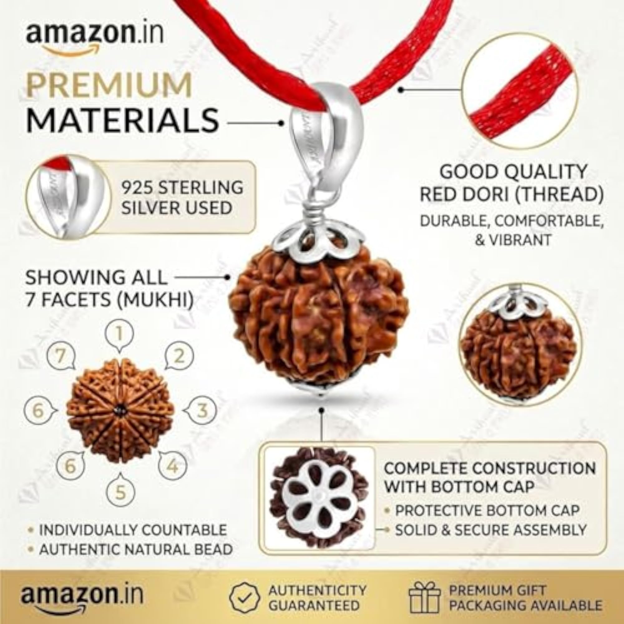 7 Mukhi Rudraksha Silver Pendant, 925