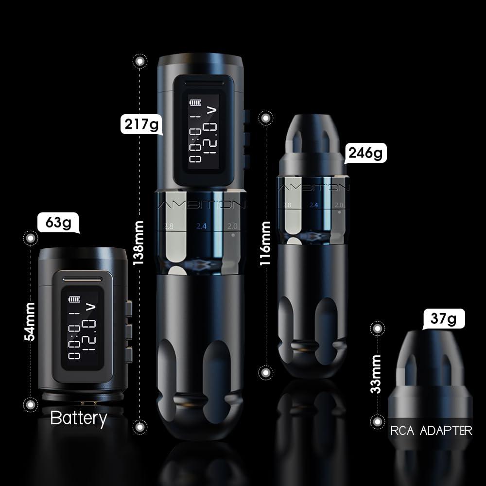 Ambition Mars-U Kompletny Zestaw Tatuażu Bezprzewodowa Maszynka Pen z Regulowanym Skokiem, 2×1800mAh Baterie, 20 Igieł Kartridżowych Glory dla Artystów i Początkujących
