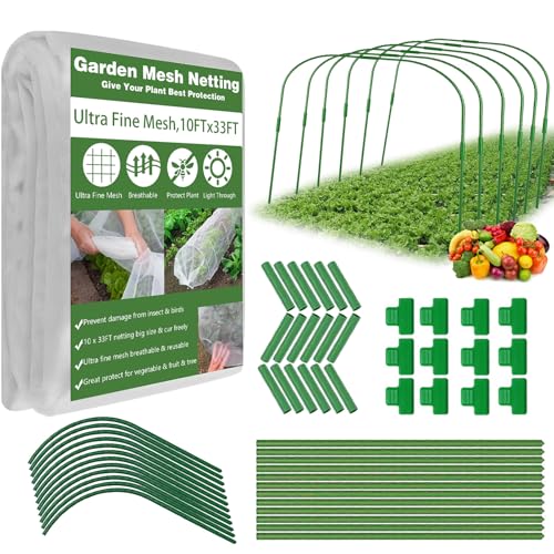 Garden Mesh Netting Kit, 10x33FT Ultra Fine Mesh Netting with 6 Sets Fiberglass Garden Hoops...