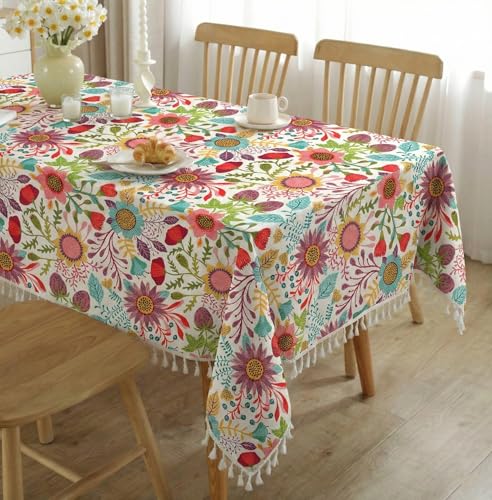 Image of ishro home Premium Dining Table Cover 6 Seater | Table Cover Cloth | Table Cloth 6 Seater - Soft European Fabric, Frill Design, Machine Washable | (Sun Garden, 56x90 Inch (6-8 Seater))