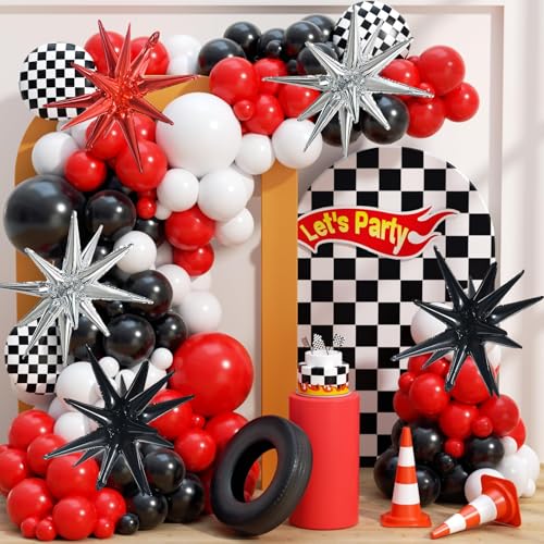 Image of TONIFUL 8 Pcs Explosion Star Foil Balloon Black Silver Red Party Decoration | 22 Inch Large Mylar Star Balloons for Race Car Theme Birthday for Boys Men Gradutaion Retro Rock Themed Party Decorations