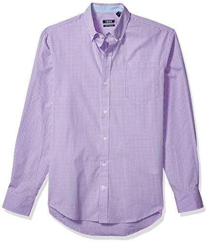 IZOD Men's Button Down Long Sleeve Stretch Performance Gingham Shirt, Dahlia Purple Legacy 1, Large