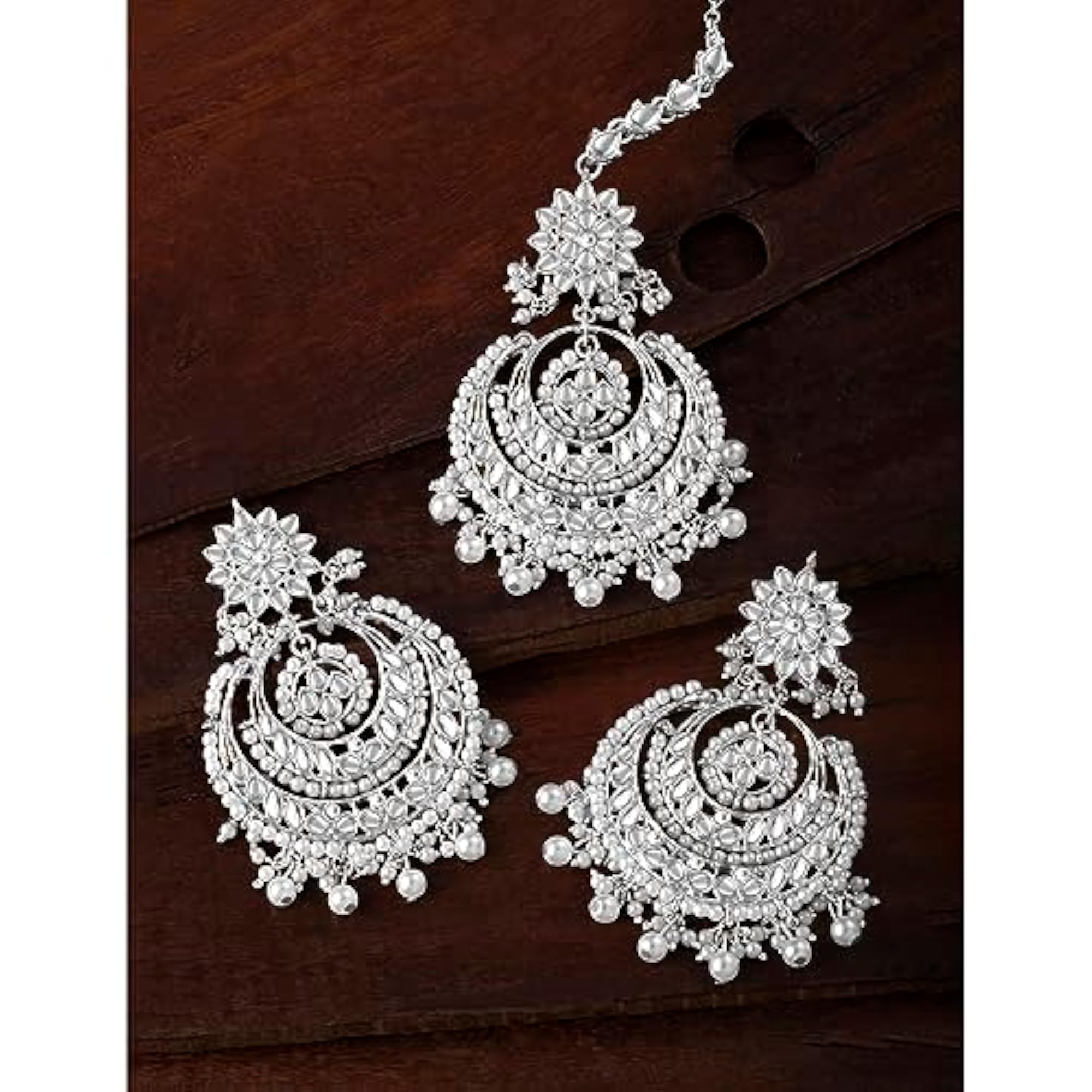 Traditional Rhodium Kundan & Pearl Maang Tikka with Earrings Set