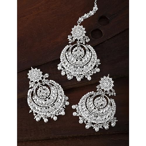 Image of Peora Traditional Jewellery Rhodium Kundan & Pearl Maang Tikka Earring Set for Women Girls