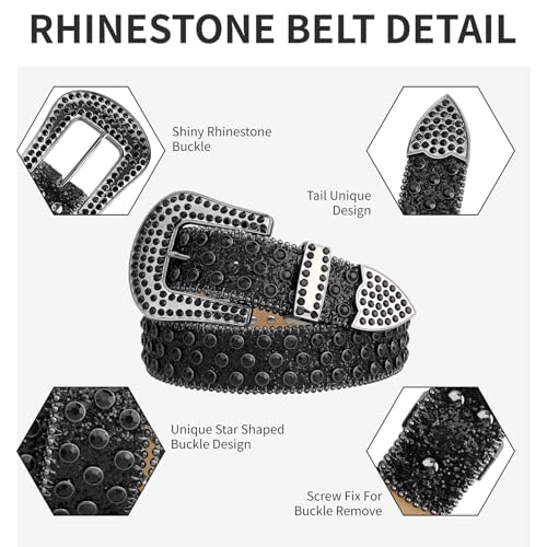Crystal Studded Genuine Leather Belt Men Punk Rhinestone Bling Black Jeans Western Style2