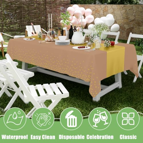 Image of Smiry Plastic Table Cloth Disposable 3 Pack, 54 x 108 Inch Rectangle Waterproof Tablecloth, Printed Gold Table Runner Style for Birthday Weeding, Party Decorations, Leakproof & Sturdy, Gold and Camel